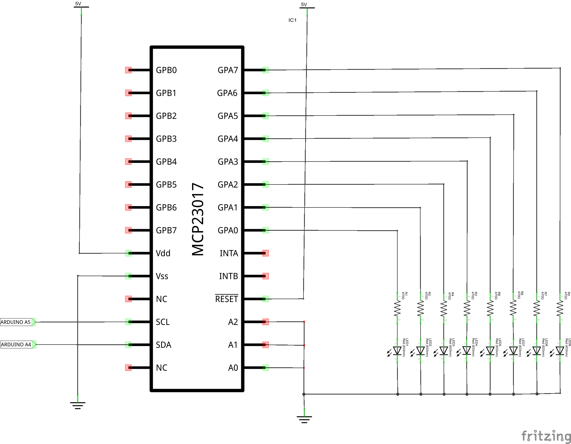 mcp23017 and 8 leds schematic